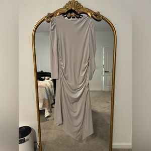 Express Grey Velvet Ruched Side Asymmetrical Midi Dress